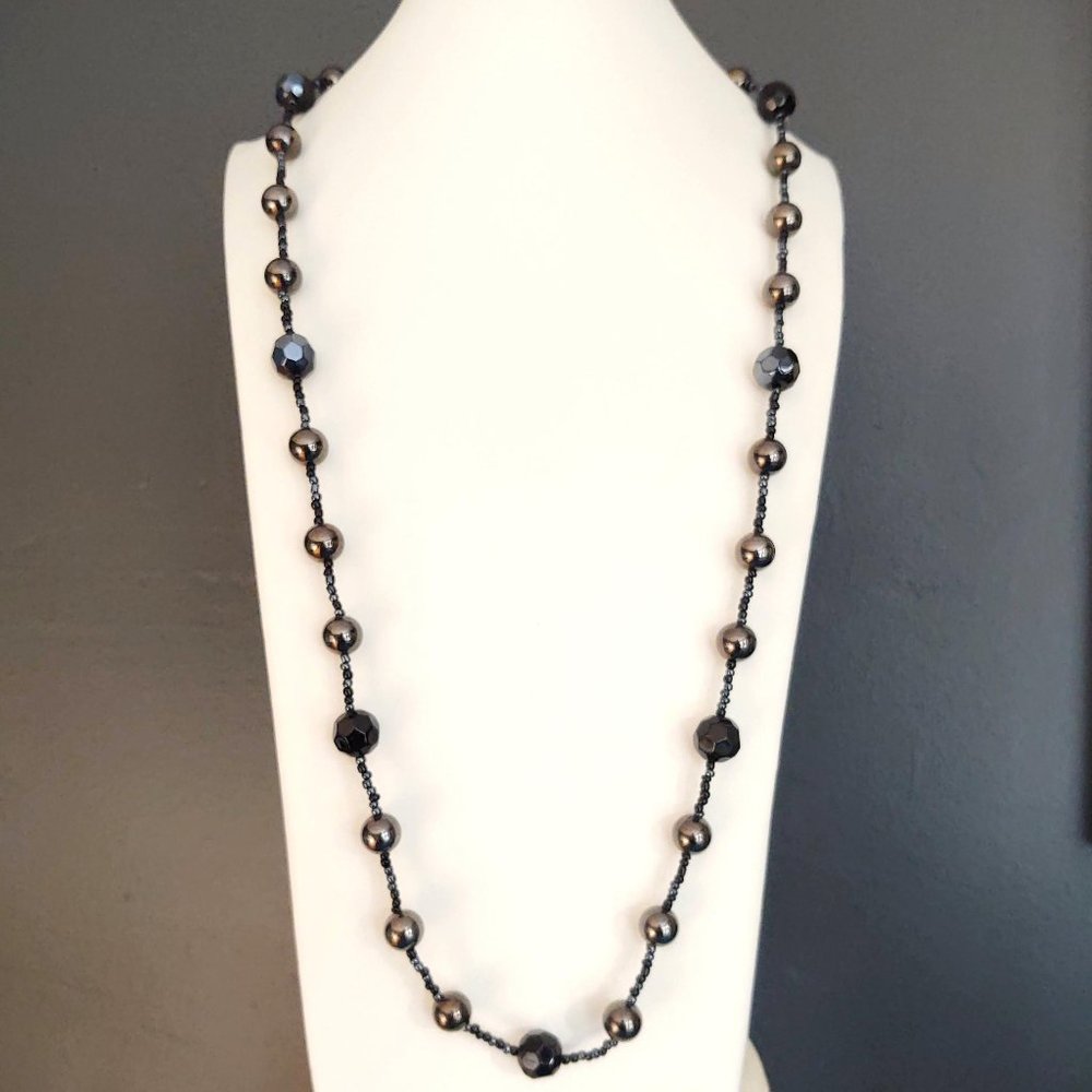 Long black glass, metallic and seed bead necklace